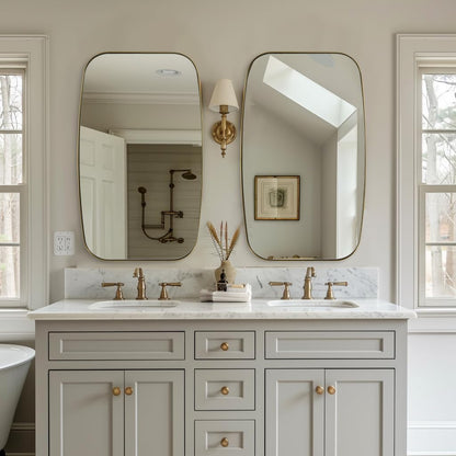 Brass Bathroom Mirror, 24x32’’ Brushed Gold Metal Frame Oblong Mirror for Bathroom, Modern Gold Oval Bathroom Mirror for Over Sink, Hangs Horizontal or Vertical