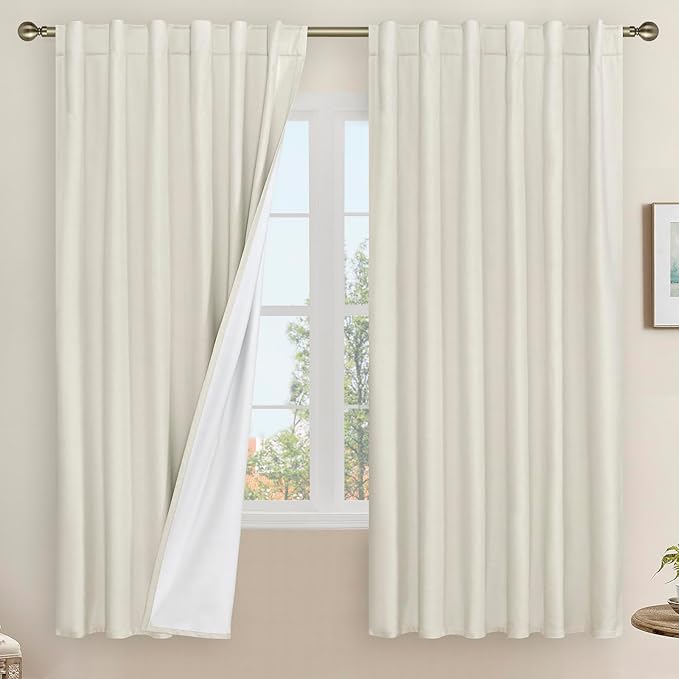 LAMIT 100% Blackout Natural Polyester Curtains, 68 Inches Linen Textured by LAMIT
