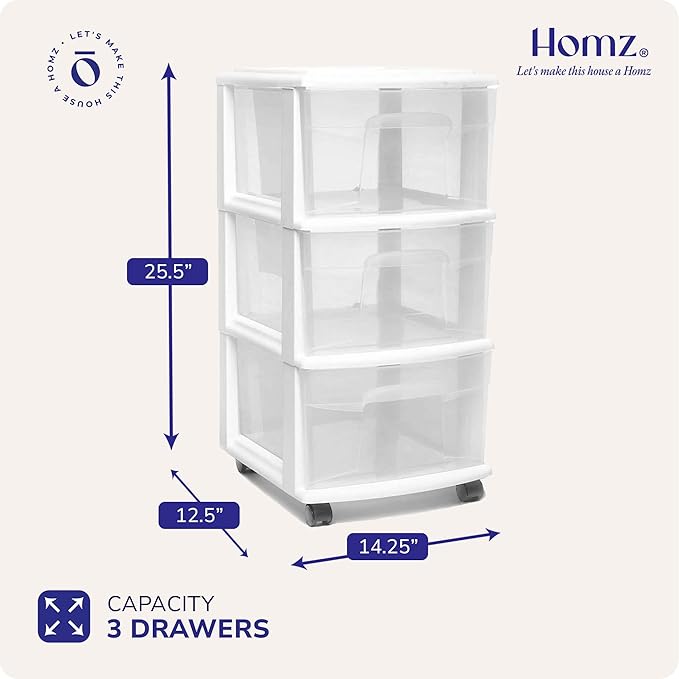 HOMZ Drawer Tower, 3-Tier Rolling Storage Cart - Image 3
