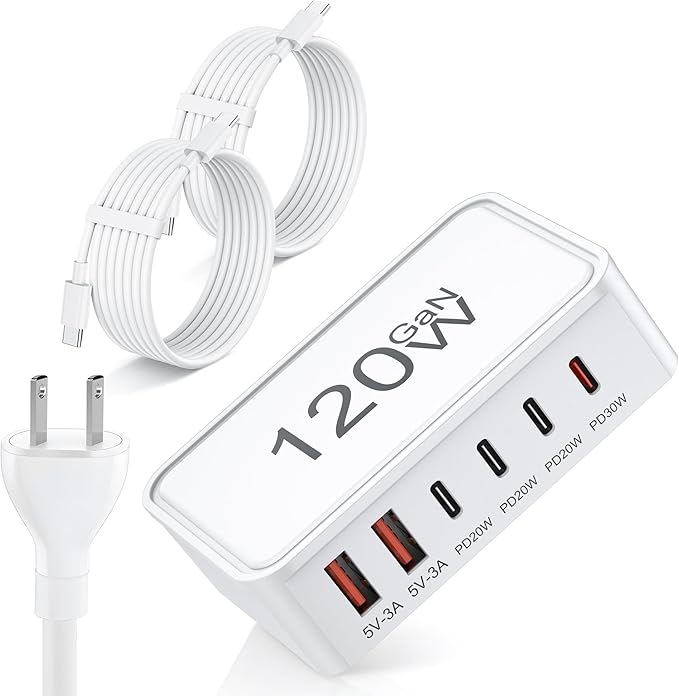 USB C Charger Block, 120W GaN 6-Port Charging Station, 30W Fixed PD Port Type C by JIORRIOSolarLightsOurdoorWaterproof