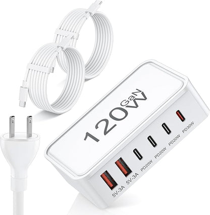 USB C Charger Block, 120W GaN 6-Port Charging Station, 30W Fixed PD Port Type C by JIORRIOSolarLightsOurdoorWaterproof