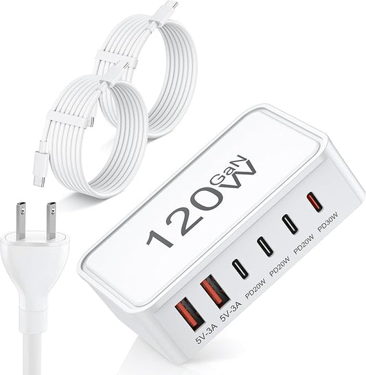 USB C Charger Block, 120W GaN 6-Port Charging Station, 30W Fixed PD Port Type C by JIORRIOSolarLightsOurdoorWaterproof