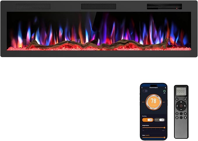 R.W.FLAME 60" Recessed and Wall Mounted Smart Electric Fireplace, Alexa/WiFi by RWFLAME