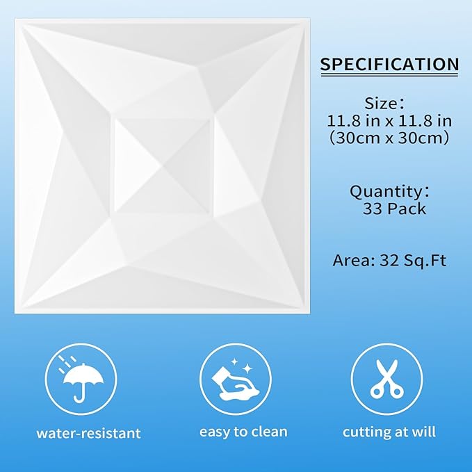 Greymond White PVC 3D Wall Panels, 33 Pack 11.8''x11.8''Geometric Design - Image 4