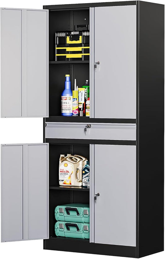MIIIKO Storage Cabinet with 4 Doors, Metal Garage Cabinet with Drawer and by MIIIKOOfficeFurniture