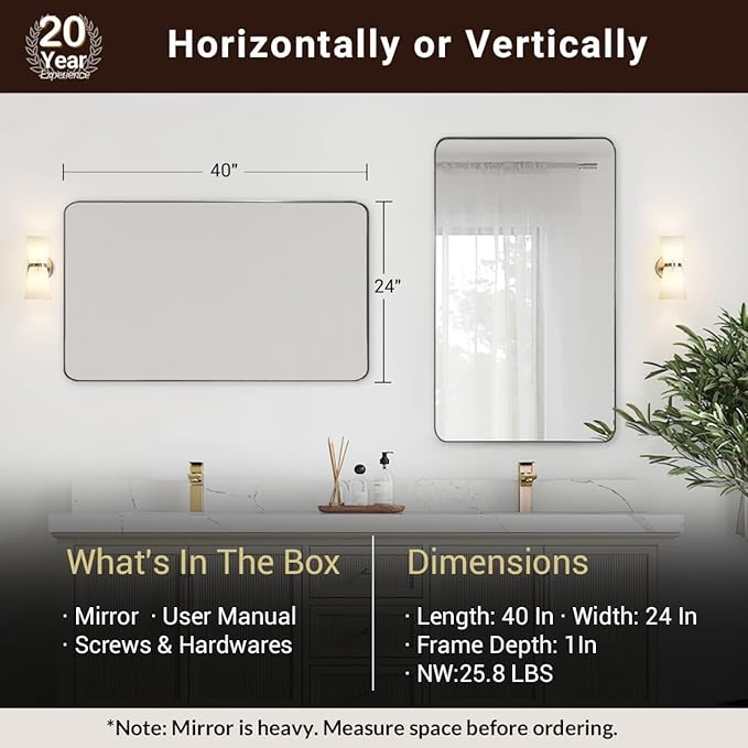 ANDY STAR Brushed Nickel Bathroom Mirror, 24”x40” Rounded Corner Rectangle - Image 4