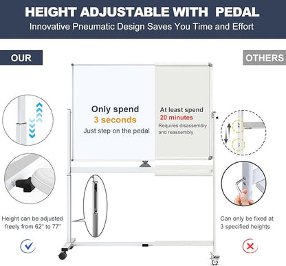 White Board on Wheels, 48 x 32 Inches Height-Adjustable Large Rolling Whiteboard - Image 2