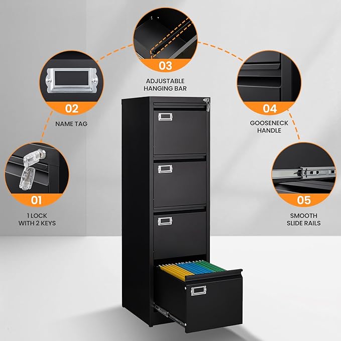 4 Drawer File Cabinet with Lock, Metal File Cabinets - Image 6