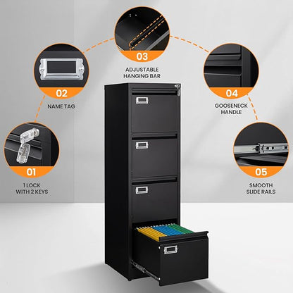 4 Drawer File Cabinet with Lock, Metal File Cabinets - Image 6