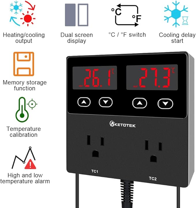 KETOTEK KT99pro Dual Digital Temperature Controller Outlet 10A Relay Heating - Image 2
