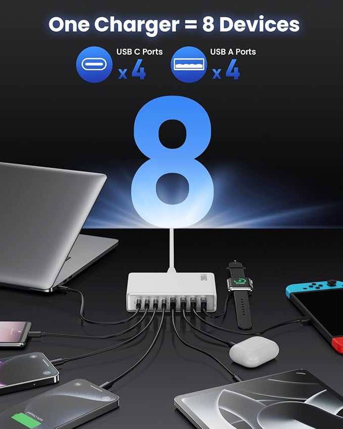 200W USB C Charger Block, GaN IV Charging Station 8 Ports, QC4.0 Fast Charging - Image 4