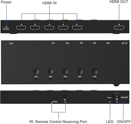 5 Way HDMI Switch 4k@60Hz HDMI Switcher 5 in 1 Out HDCP 2.0 Manual HDMI 2.0 Hub - Image 7