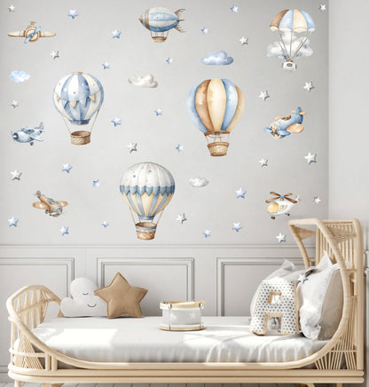 Watercolor Hot Air Balloon Wall Sticker Airplane Cloud Vinyl Decal | Watercolor Hot Air Balloon Wall Stickers, DIY Airplane Clouds Vinyl Decals for Kids Bedroom Playroom Toddler Room Decor