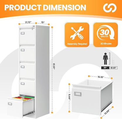 5 Drawer File Cabinet with Lock, Metal Filing Cabinets - Image 3