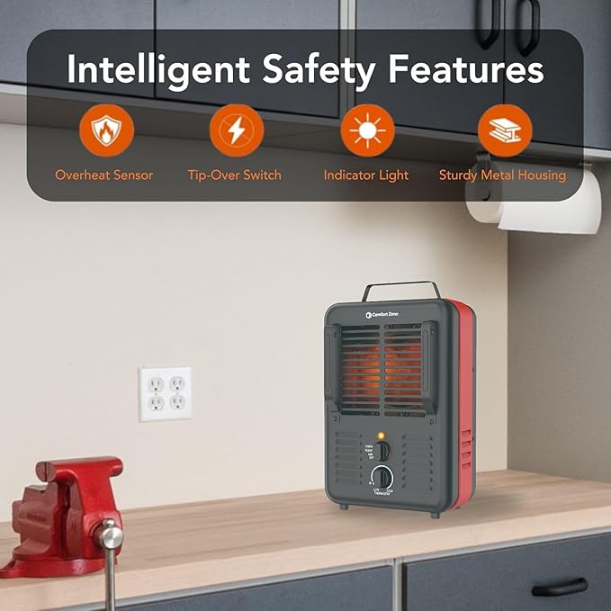 Comfort Zone Utility Space Heater, 1500W Electric Garage Heater - Image 6