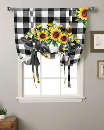 Tie Up Valance Yellow Sunflower Cow Window Curtain Shades Buffalo Check Plaid Black White for Kitchen Bathroom Living Room, Balloon Shade, 34"x45"