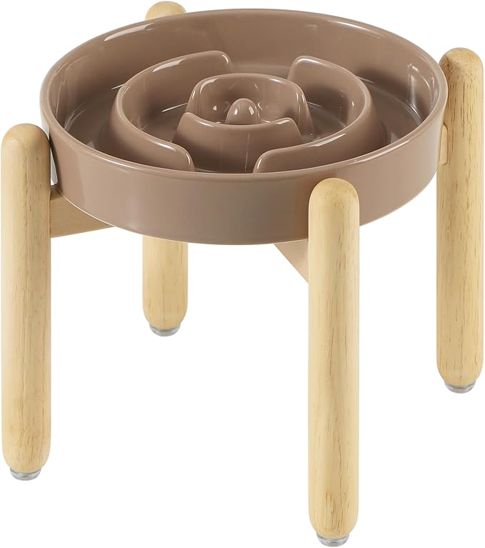 Ceramic 1.6 Cup Raised Slow Feeder Dog Bowl Set, Elevated Wooden Stand by Havniva