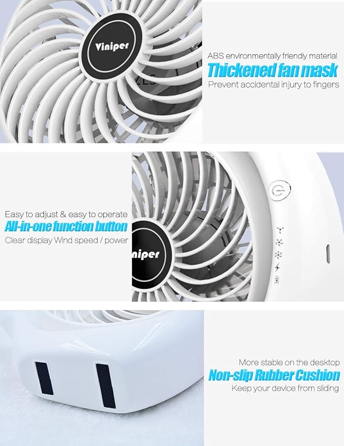 Viniper Portable Rechargeable Fan, Small Desk Fan : 3 Speeds & about 8-24 Hours - Image 6