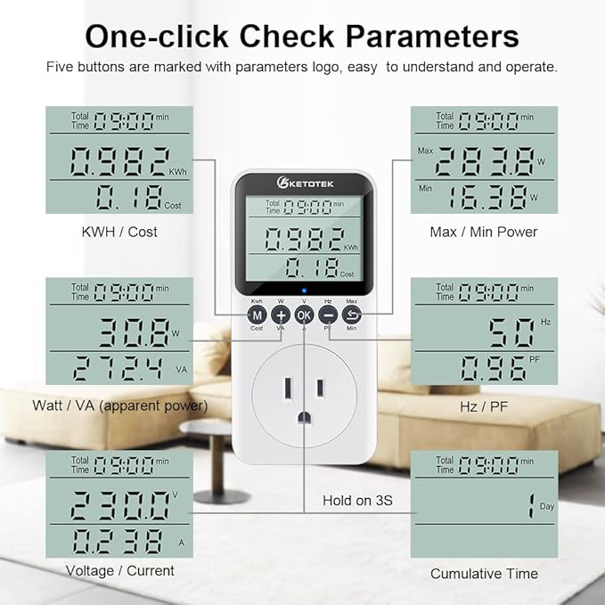 KETOTEK Watt Meter Power Meter Plug Electricity Usage Monitor - Image 3
