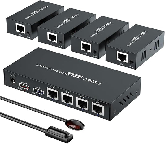 HDMI Extender Splitter 1x4 HD 4K @60Hz Over CAT5/CAT6/CAT7 Ethernet Cable–Up to by PWAYTEK