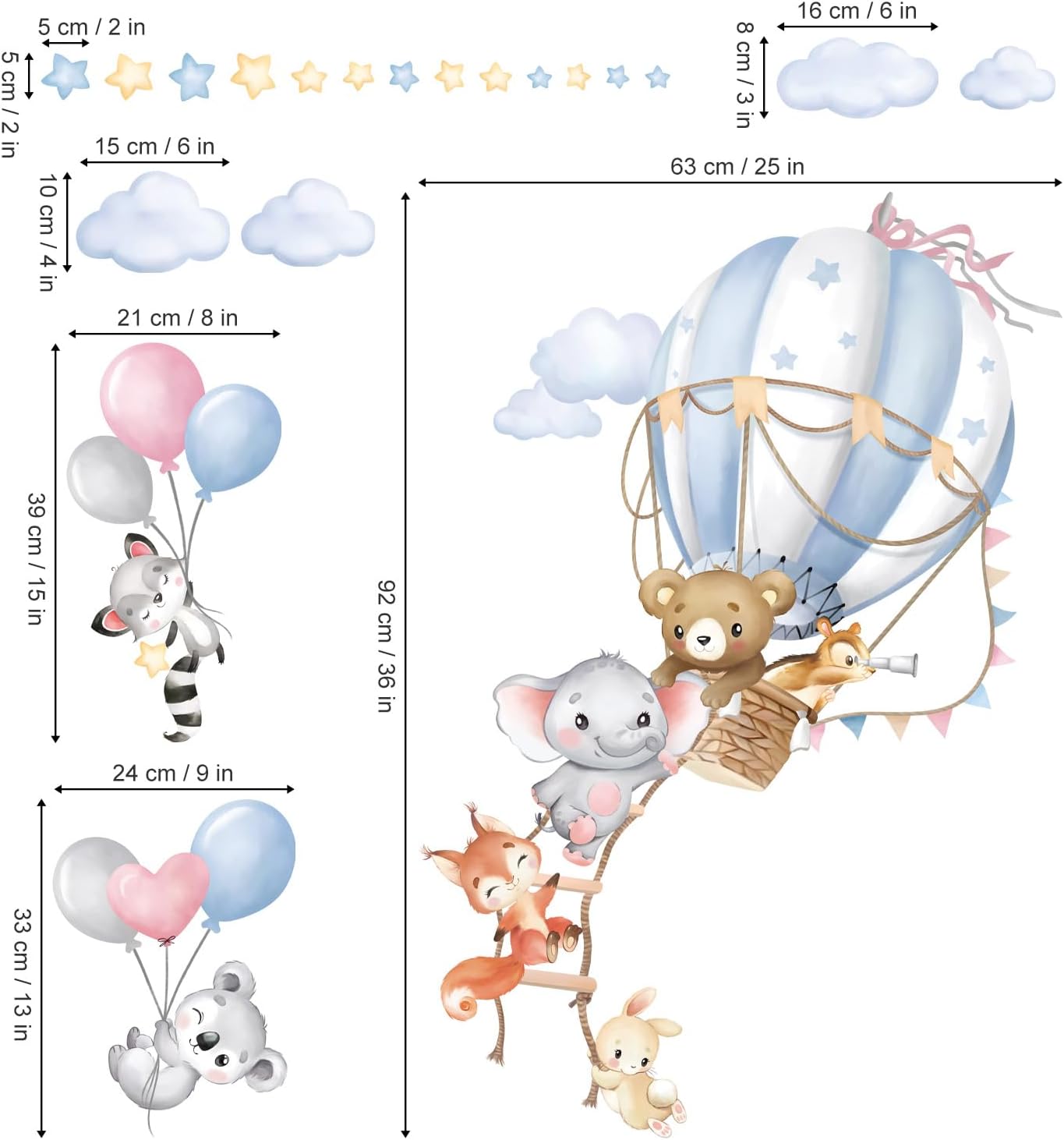 wondever Large Hot Air Balloon Animals Wall Decals Bear Elephant Fox Peel and Stick Wall Art Stickers for Kids Baby Nursery Bedroom | Peel and Stick, Removable, Wall Art Decals, Wall Decoration, Kids Room, Bedroom Baby Nursery Playroom Decor