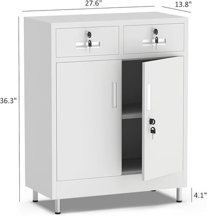 Metal Storage Cabinet with Locking Doors and 2 Drawers, Lockable Storage - Image 3
