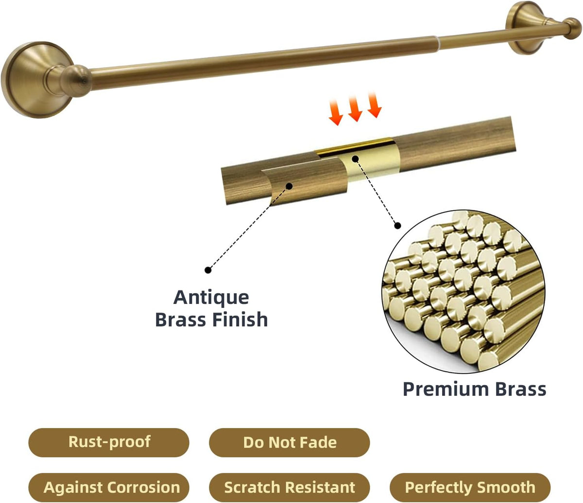 4 piece antique brass gold bathroom towel bar, close-up detail