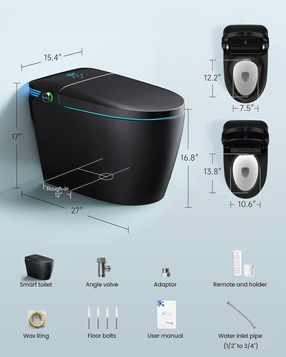 WANSID Black Smart Toilet with Bidet Built In, Auto Open/Close Lid, Heated Seat - Image 8
