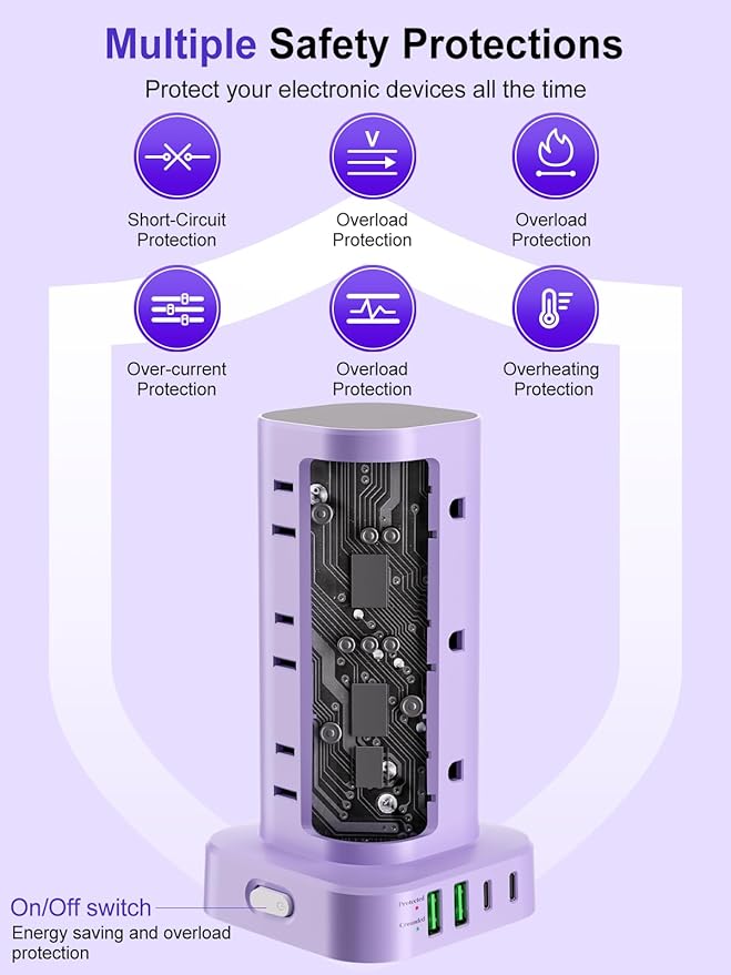 Power Strip Tower with Multiple Outlets, Flat Plug Surge Protector Tower - Image 7