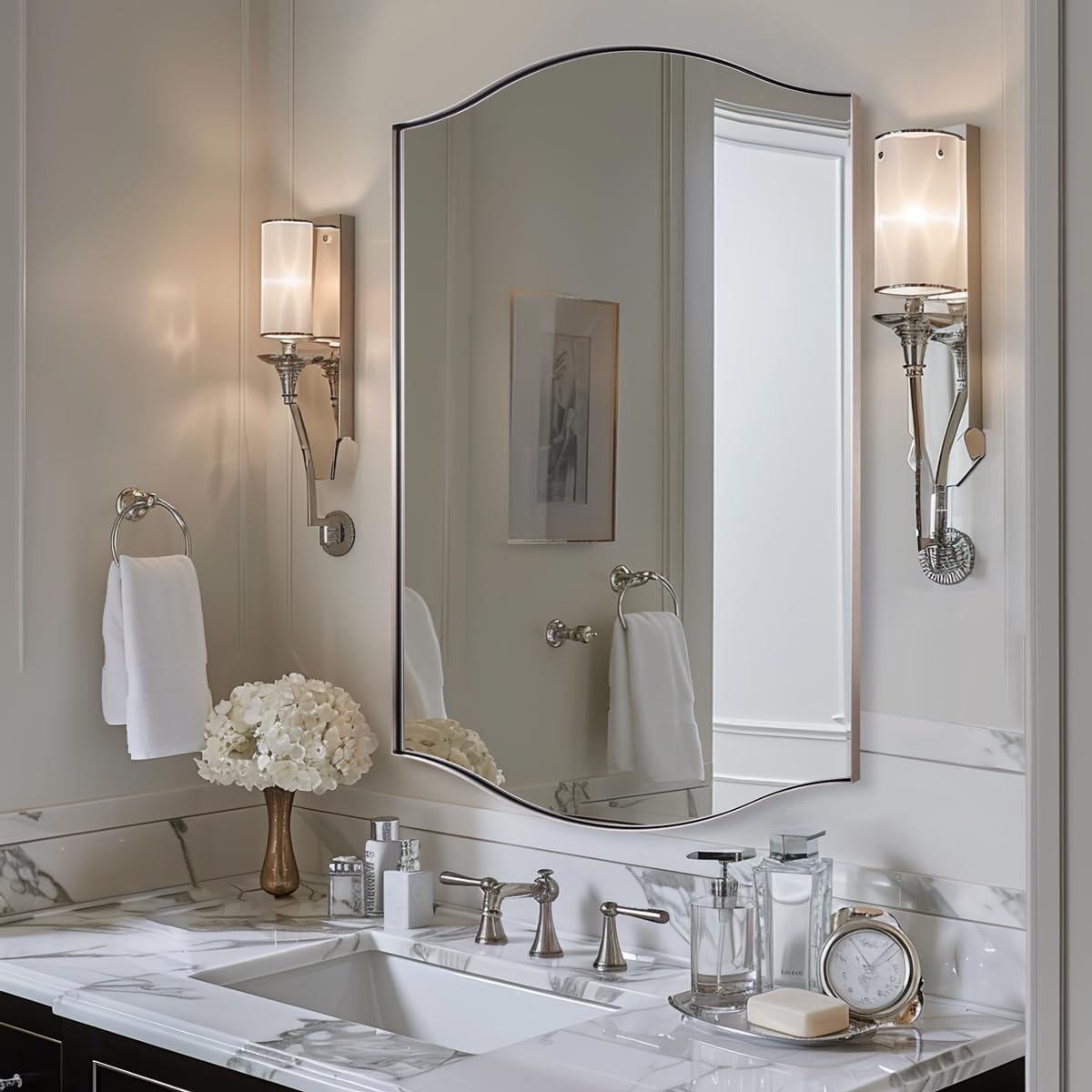 Brushed Nickel Mirror, 24"x36" Silver Scalloped Wall Mirror for Bathroom, Curved Edge Design with SUS304 Stainless Steel Metal Frame, Ideal for Bathroom, Bedroom, Entryway
