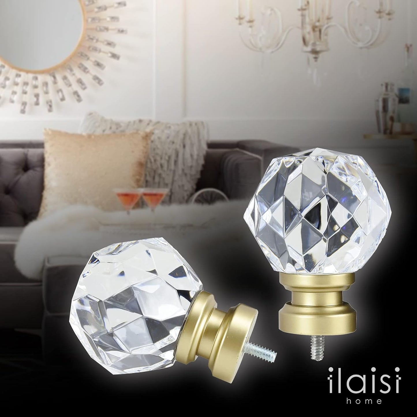 Decorative Curtain Rod Finials Luxury Crystal-clear Faceted, Round, Set of 2, Compatible with 1'' or 1-1/8'' dia curtain rod, Standalone finial pair,Gold