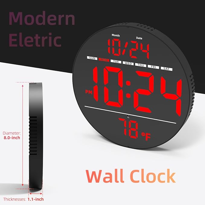 Digital Wall Clock with Large LED Display, Temperature, Auto-Brightness | Small - Image 7