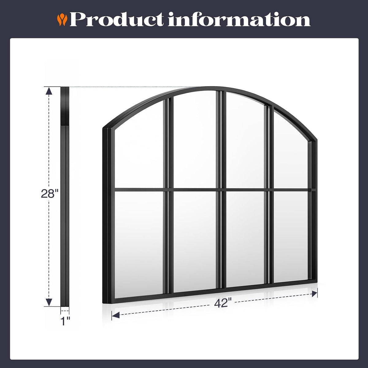 Black Arched Window Pane Mirror, 42" x 28" Grid Wall Mirror | Farmhouse Large Wide Wall Mirror Decorative Mirrors for Entryway, Hallway, Fireplace, Living Room, Bedroom, Dining Room