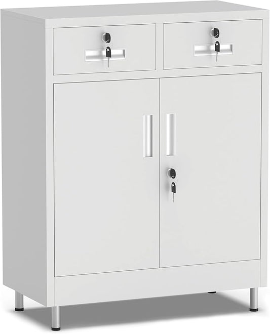 Metal Storage Cabinet with Locking Doors and 2 Drawers, Lockable Storage by JINGUR