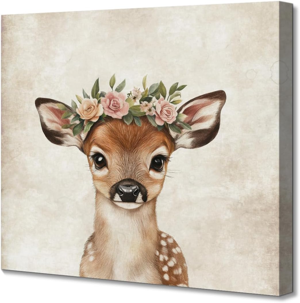 ORIDOMY Cute Deer Wall Art for Baby Nursery Wildlife Deer Wearing Wreath Wall Pictures Vintage Animal Portrait Photo Painting for Farmhouse Bedroom Bathroom Home Office Decor Kids Gifts 12"x12"