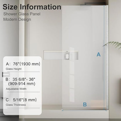 Bathbliss 36" W x 76" H Frameless Shower Glass Panel, 8mm Clear Tempered Glass - Image 2