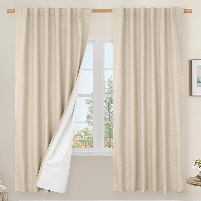 LAMIT 100% Blackout Natural Linen Curtains, 72 Inches Linen Textured Thermal by LAMIT