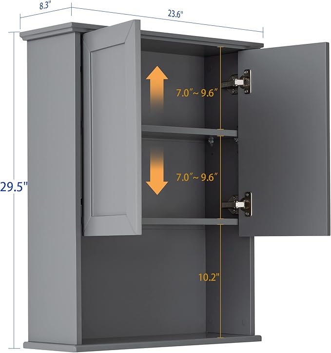 Grey Cabinet Wall Mounted with 2 Doors, Wooden Medicine Cabinet with Adjustable - Image 2