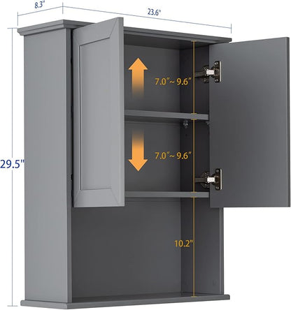Grey Cabinet Wall Mounted with 2 Doors, Wooden Medicine Cabinet with Adjustable - Image 2