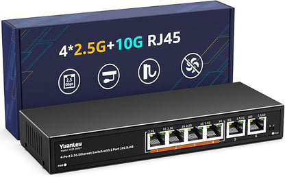 6 Port 10G Ethernet Switch Unmanaged, 4 x 2.5G Base-T Ports, 2 x 10Gb RJ45 Ports by YuanLey