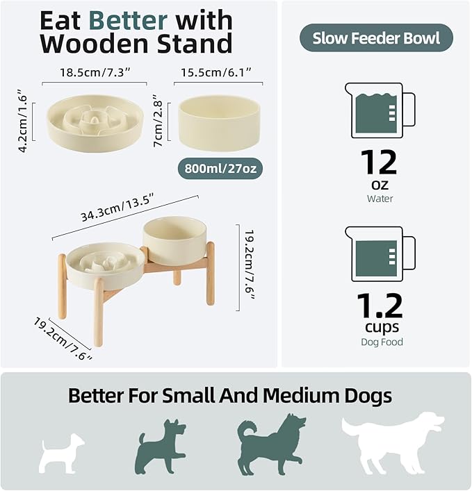 Ceramic 1.2 Cup Raised Slow Feeder Dog Bowl Set, Elevated 6.1inch Bowl and - Image 2
