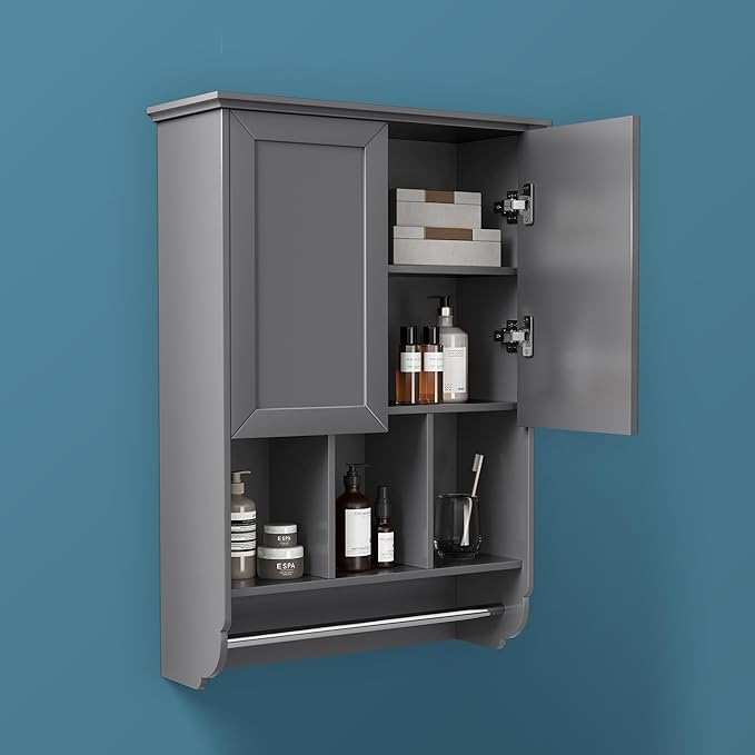 Bathroom Wall Cabinet with Towel Bar, Wooden Medicine Cabinet Adjustable Shelves by VANIRROR