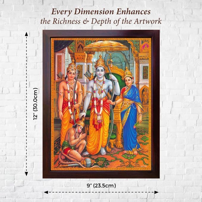 SANVIKA Hanuman Showing His Humbleness in Ram Darbar and Mata Sita Giving Blessings. A Holy Religious Poster Painting with Frame for Hindu Worship Purpose (COL1)
