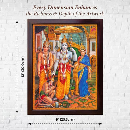 SANVIKA Hanuman Showing His Humbleness in Ram Darbar and Mata Sita Giving Blessings. A Holy Religious Poster Painting with Frame for Hindu Worship Purpose (COL1)