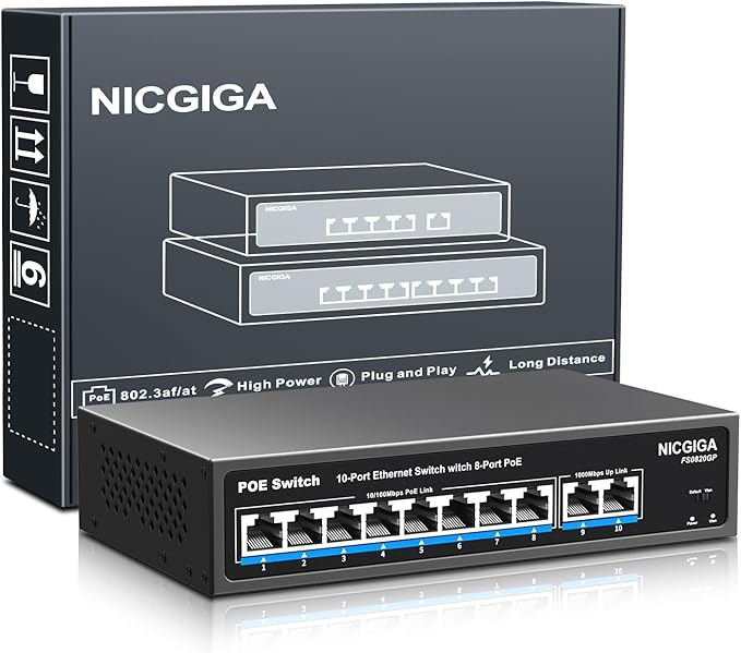 8 Port PoE Switch with 8 Ports 100Mbps PoE+@120W + 2 * Gigabit Uplink Port by NICGIGA