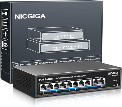 8 Port PoE Switch with 8 Ports 100Mbps PoE+@120W + 2 * Gigabit Uplink Port by NICGIGA