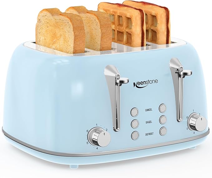 Keenstone Toaster 4 Slice, Retro Stainless Steel Wide Slot Toaster by Keenstone
