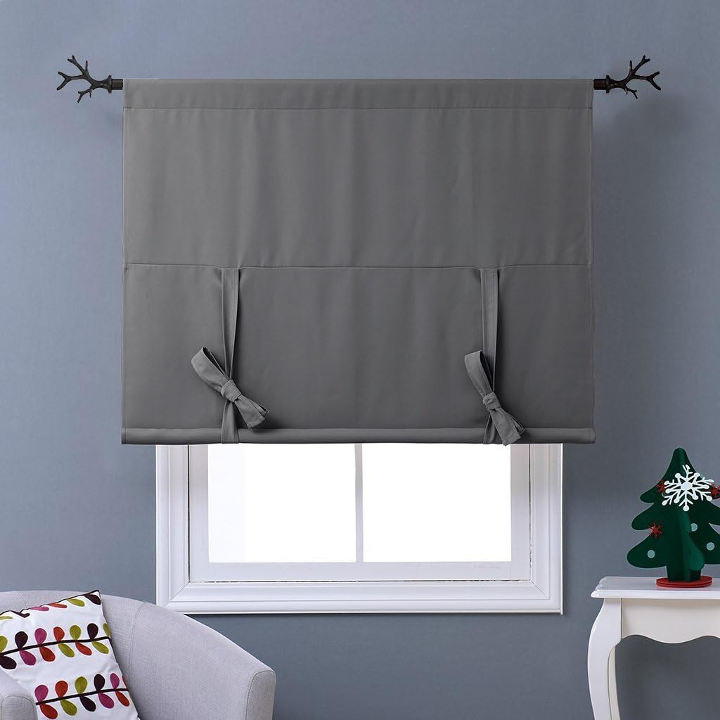 NICETOWN Thermal Insulated Blackout Short Curtain - Bathroom Curtain Gray Tie Up Shade for Small Window, Window Valance Balloon Roman Blind (Rod Pocket Panel, 46 inches W x 63 inches L)