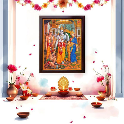 SANVIKA Hanuman Showing His Humbleness in Ram Darbar and Mata Sita Giving Blessings. A Holy Religious Poster Painting with Frame for Hindu Worship Purpose (COL1)