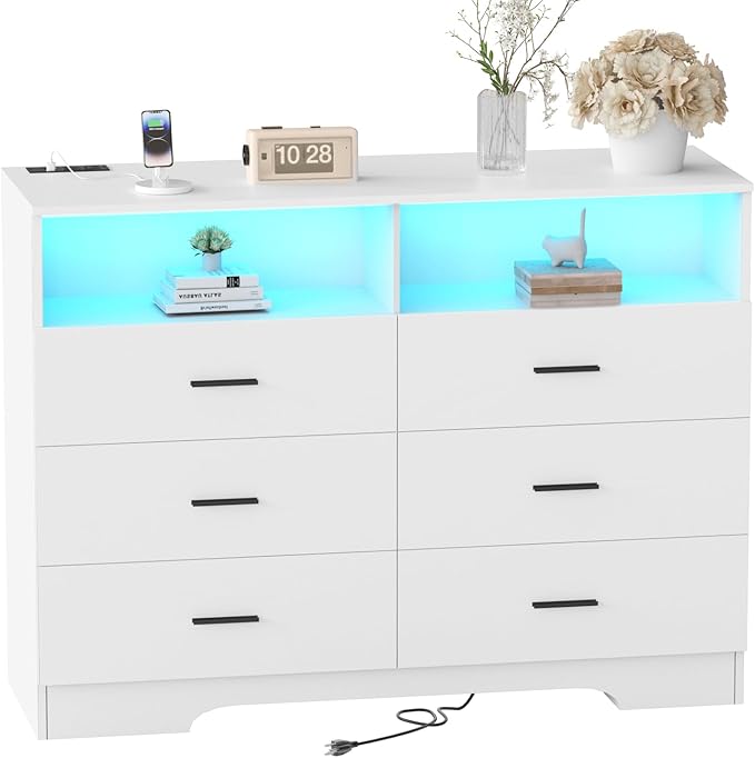 Dresser with Power Outlets and LED Lights Wooden 6 Drawer Dresser with Large by FJTJBSI